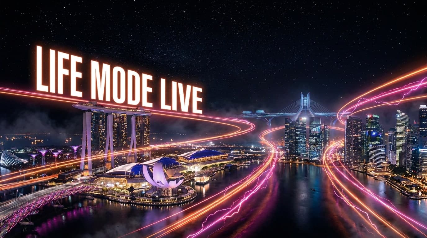 Marina Bay Singapore at night with neon orange and pink light trails and the words Life Mode Live