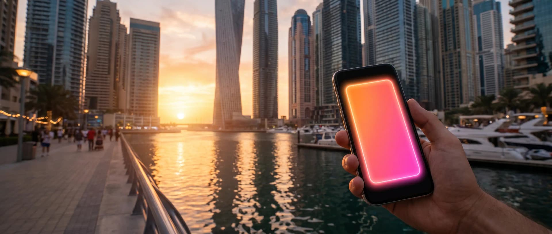 Dubai skyline or marina at golden hour, phone in foreground showing bonuz pass, photographic style, warm tones.