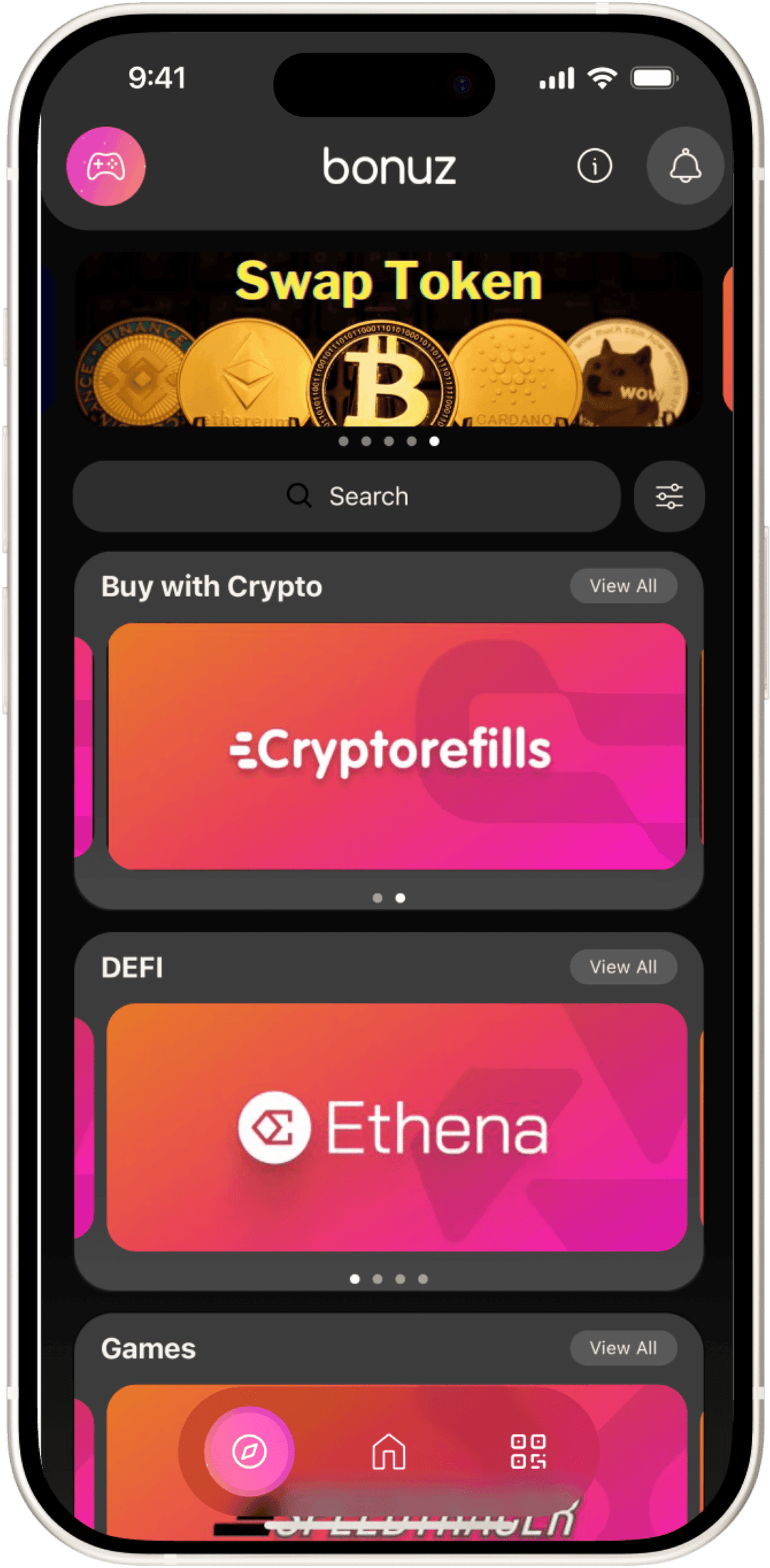 bonuz stablecoin wallet supporting USDT, USDC, DAI, PYUSD, and EURC across Ethereum, Solana, BNB Chain, Base, and Polygon