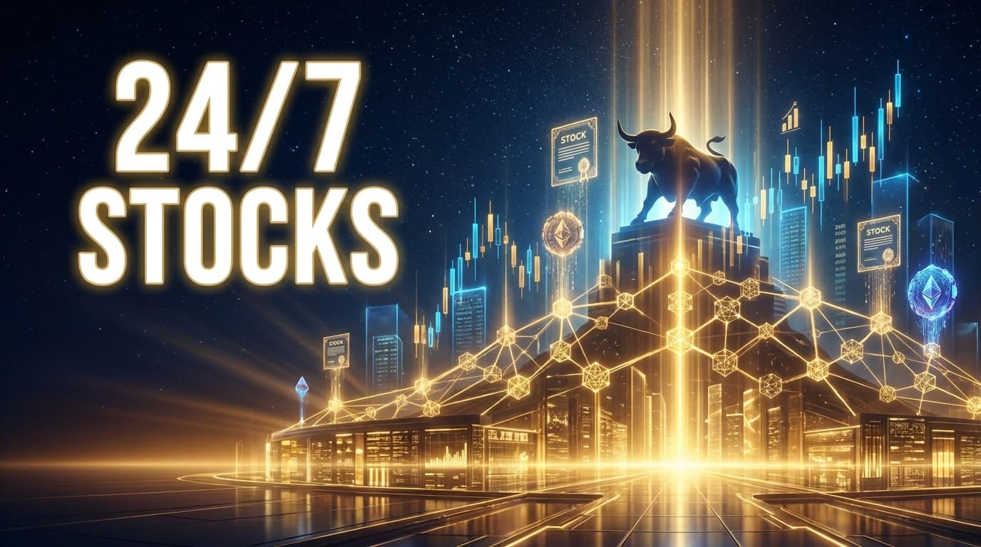 24/7 Stocks: a glowing bull statue atop a blockchain network fused with a stock exchange trading floor
