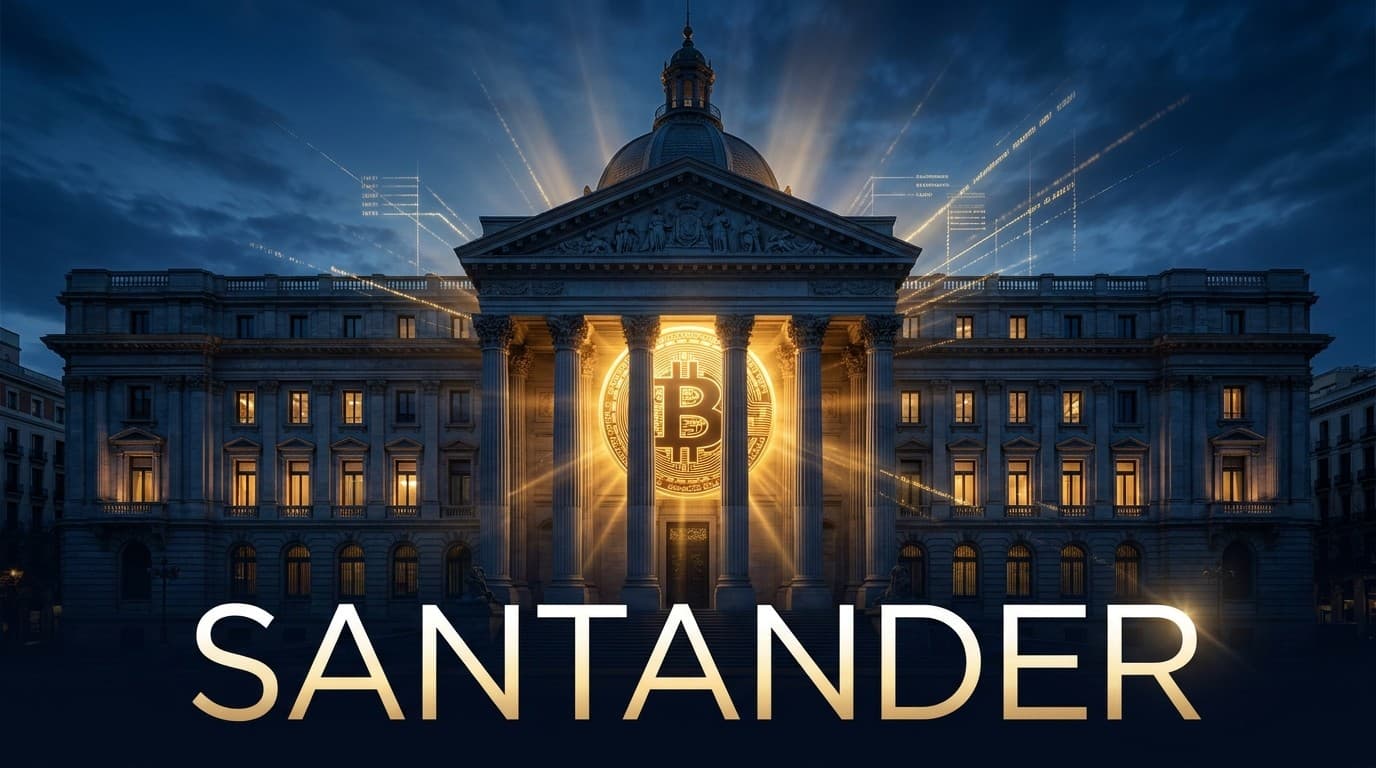 Banco Santander bank building with Bitcoin symbol