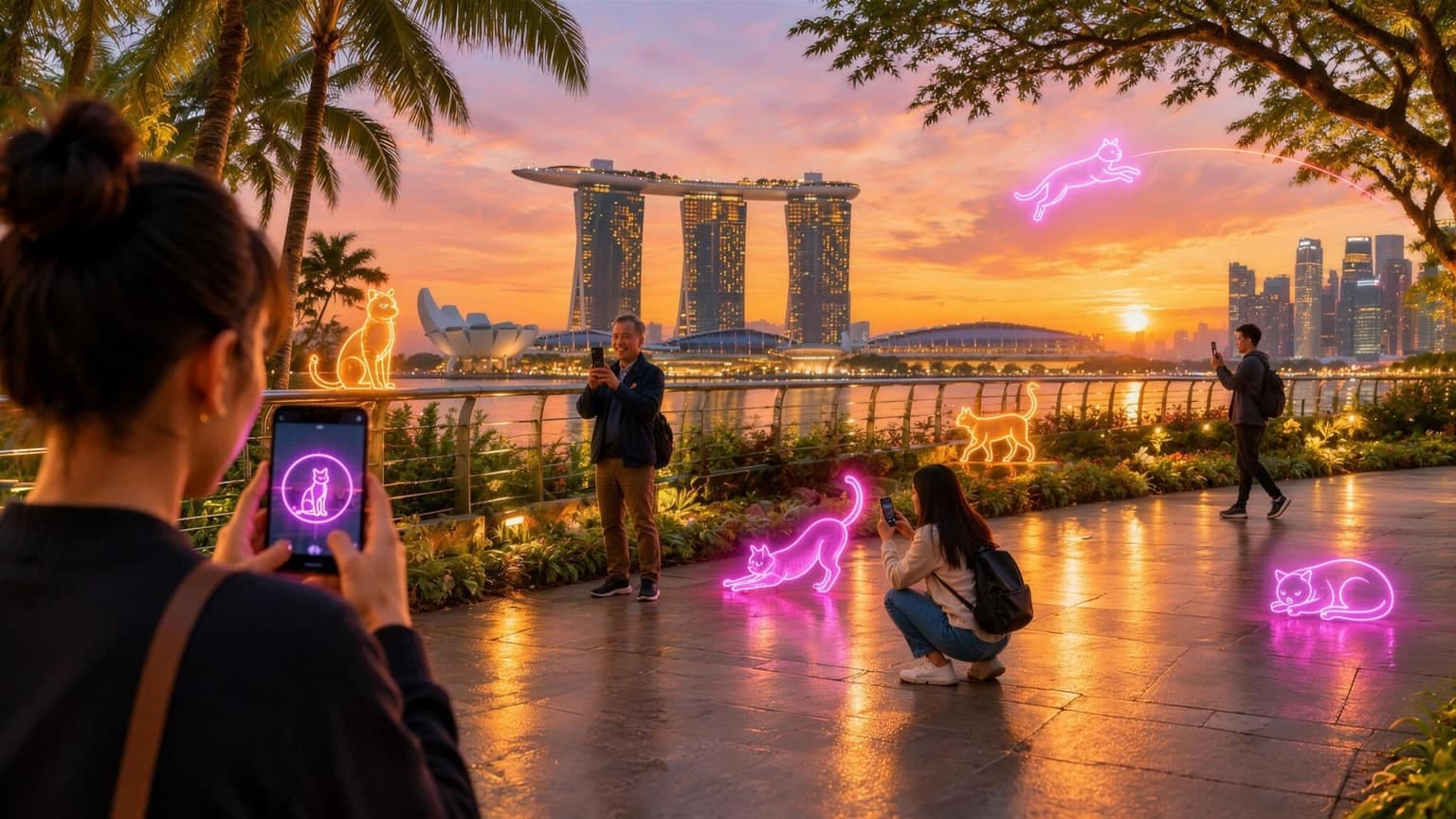 People at Marina Bay, Singapore, at sunset catching glowing neon cats through their phones with bonuz