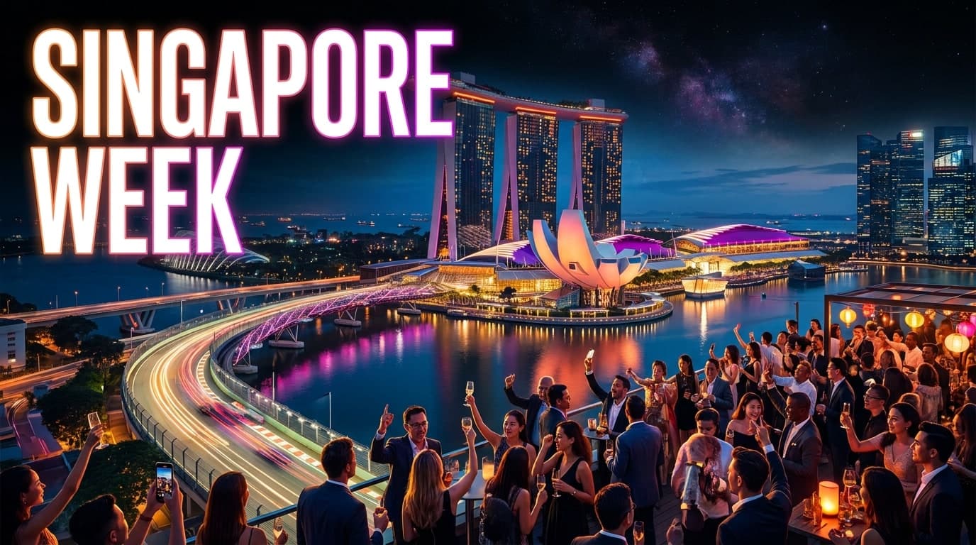 Singapore's Marina Bay at night with the F1 street circuit and a rooftop party, under the words Singapore Week