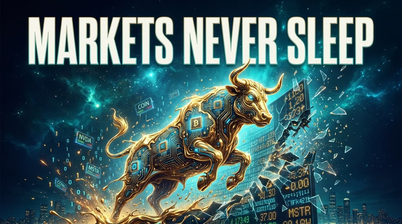 A golden circuit-board bull breaking through a shattered stock ticker wall under the headline Markets Never Sleep