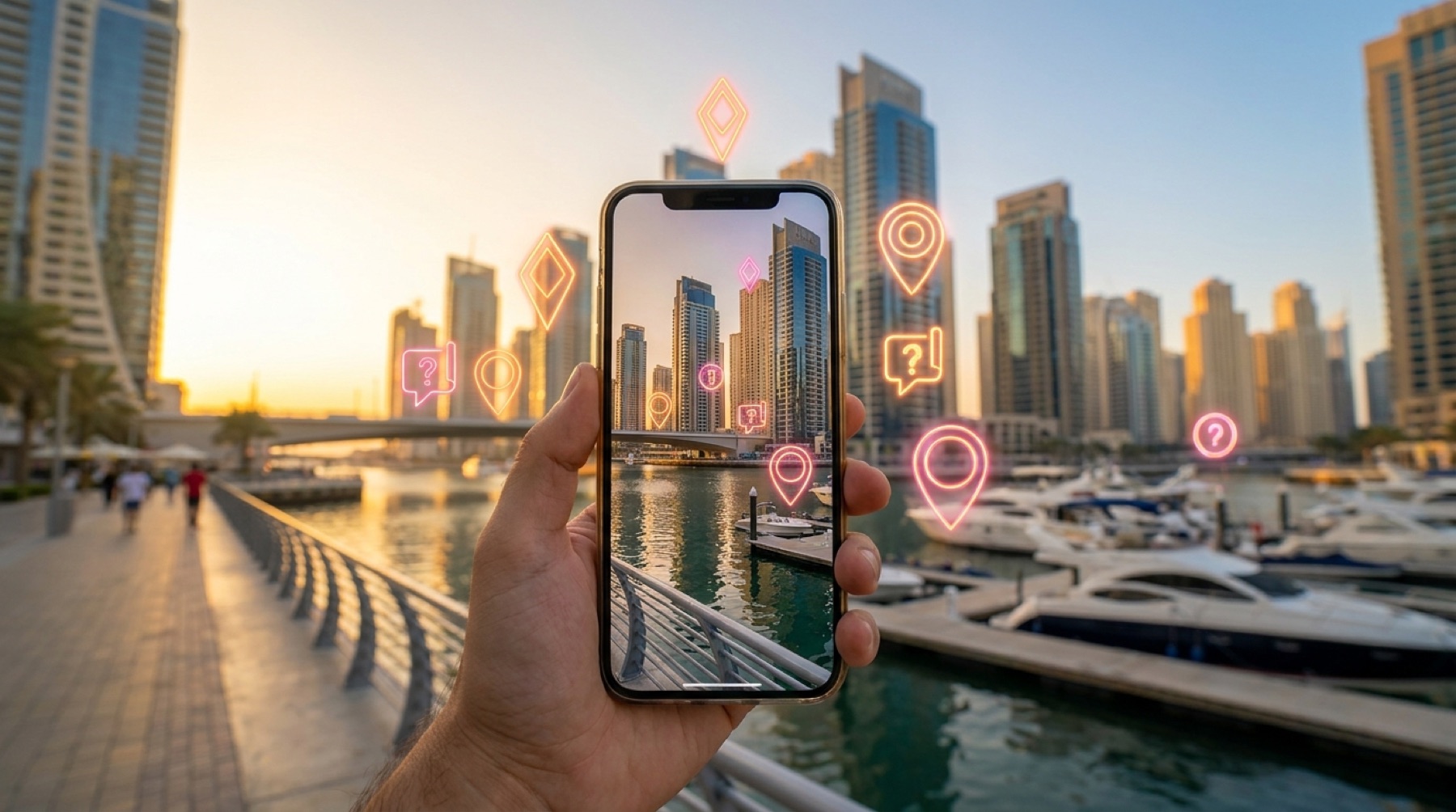 Dubai Marina at golden hour with a phone held up showing an augmented-reality layer of glowing reward markers over the real city, the bonuz AR future.